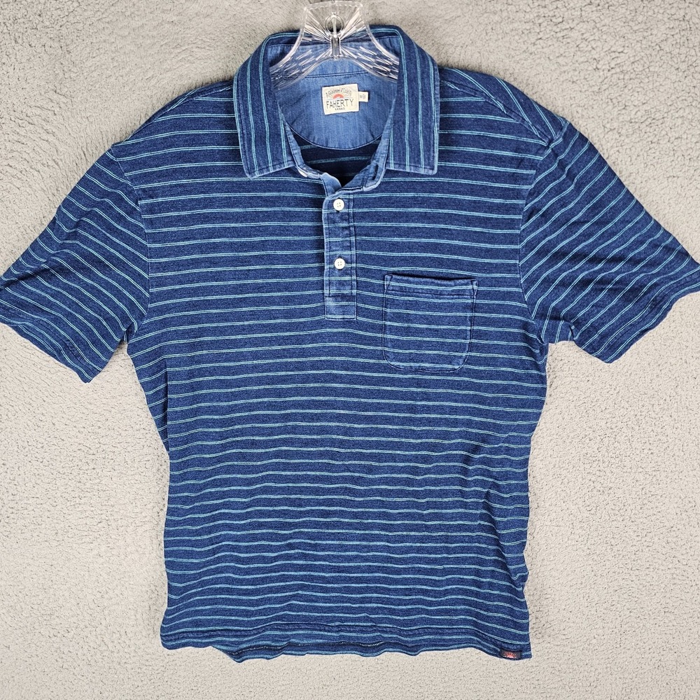 Faherty Indigo Polo Shirt Mens Medium Striped Short Sleeve Popover MKC0033